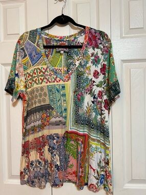 Johnny Was Multicolor Patchwork Floral V-Neck Blouse